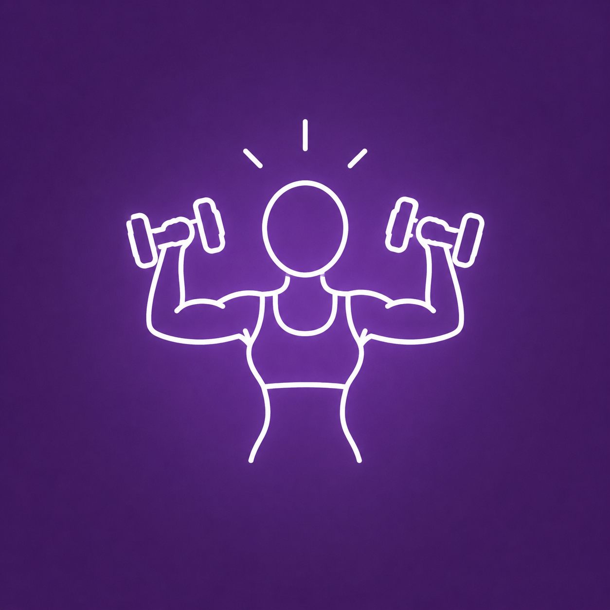 Neon sign of a faceless muscular person lifting dumbbells, with a light bulb and lines representing energy or strength on a purple background.