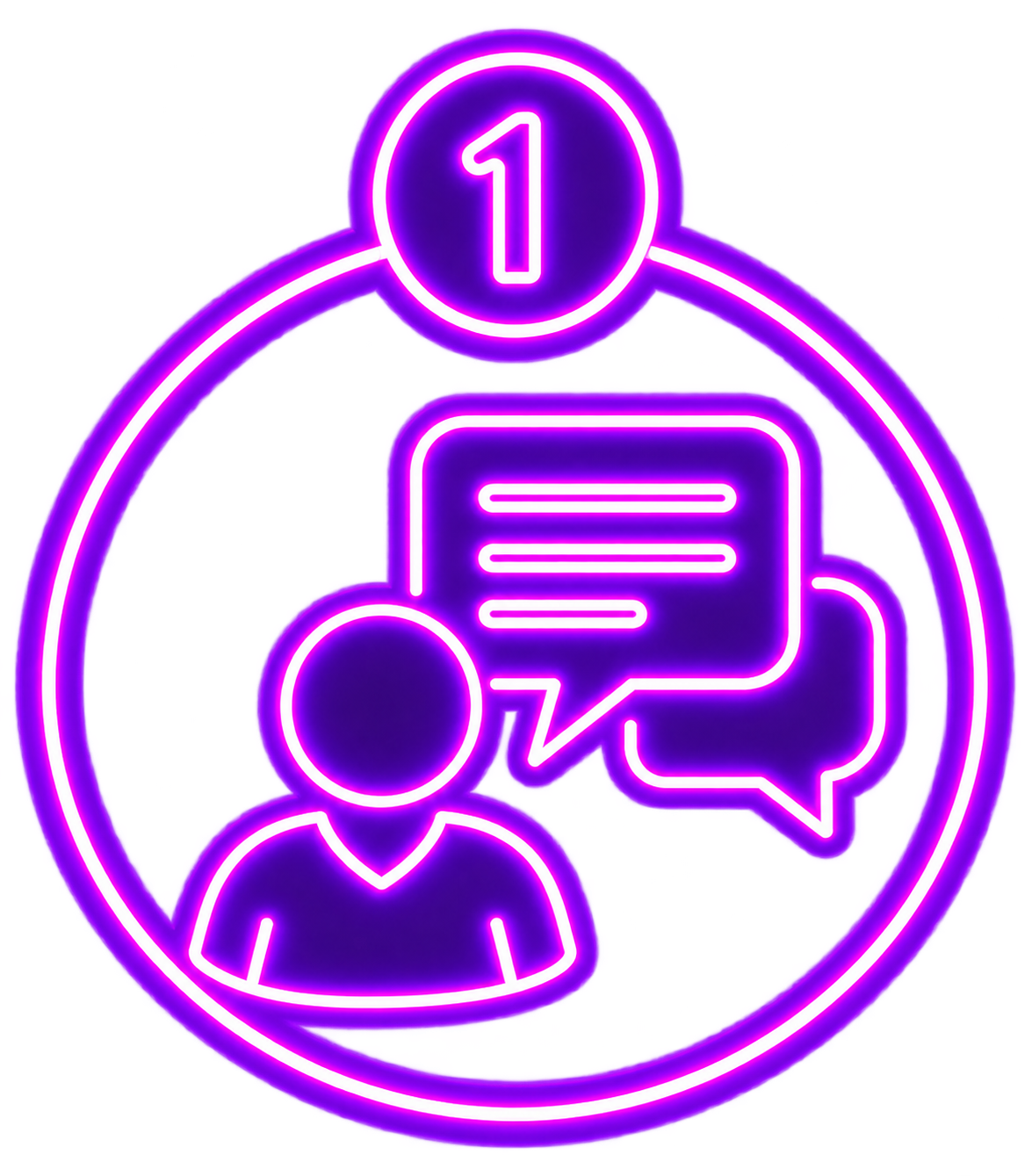 Neon icon of a person with a speech bubble, encircled by a ring with the number 1 at the top, representing communication or chat.