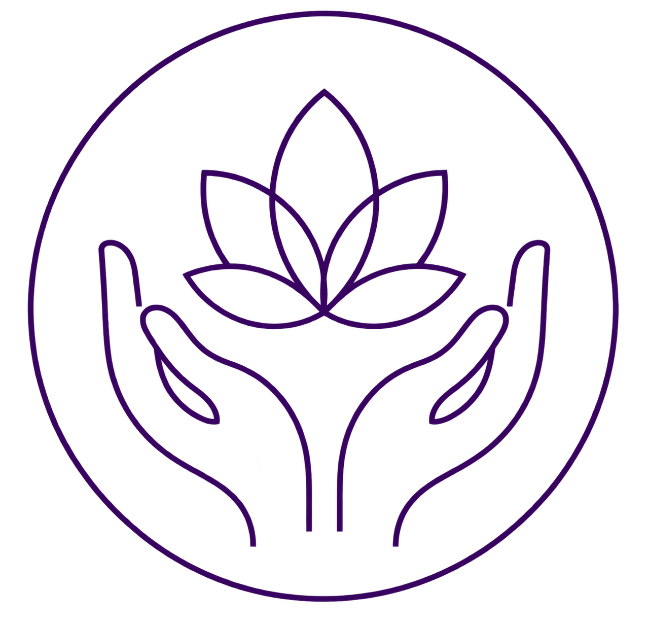 Outline of two hands holding a lotus flower inside a circle.