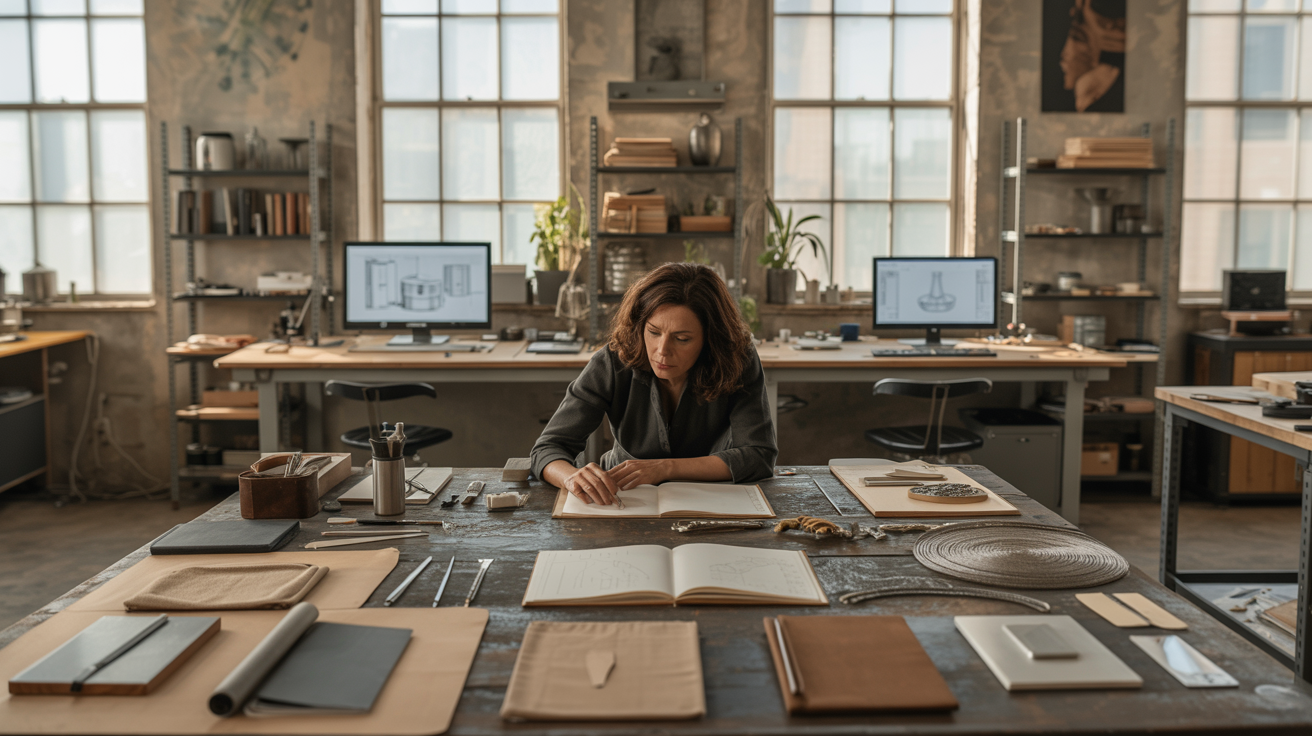 A woman working at a cluttered art or design studio table with notebooks, tools, and fabric samples, in an industrial-style room with large windows and computer monitors in the background.