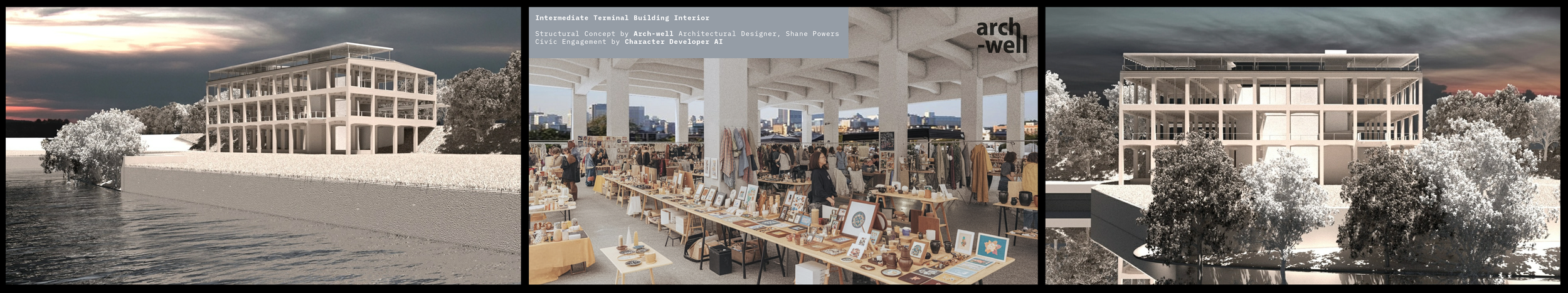 Three images of an architectural project titled 'Intermediate Terminal Building Interior' by Shane Powers. The first and third images show a modern, multi-story building with large windows, surrounded by trees, with the first image taken at sunset. The second image shows the interior of a marketplace or craft fair inside the building, with tables displaying art and crafts and people shopping.