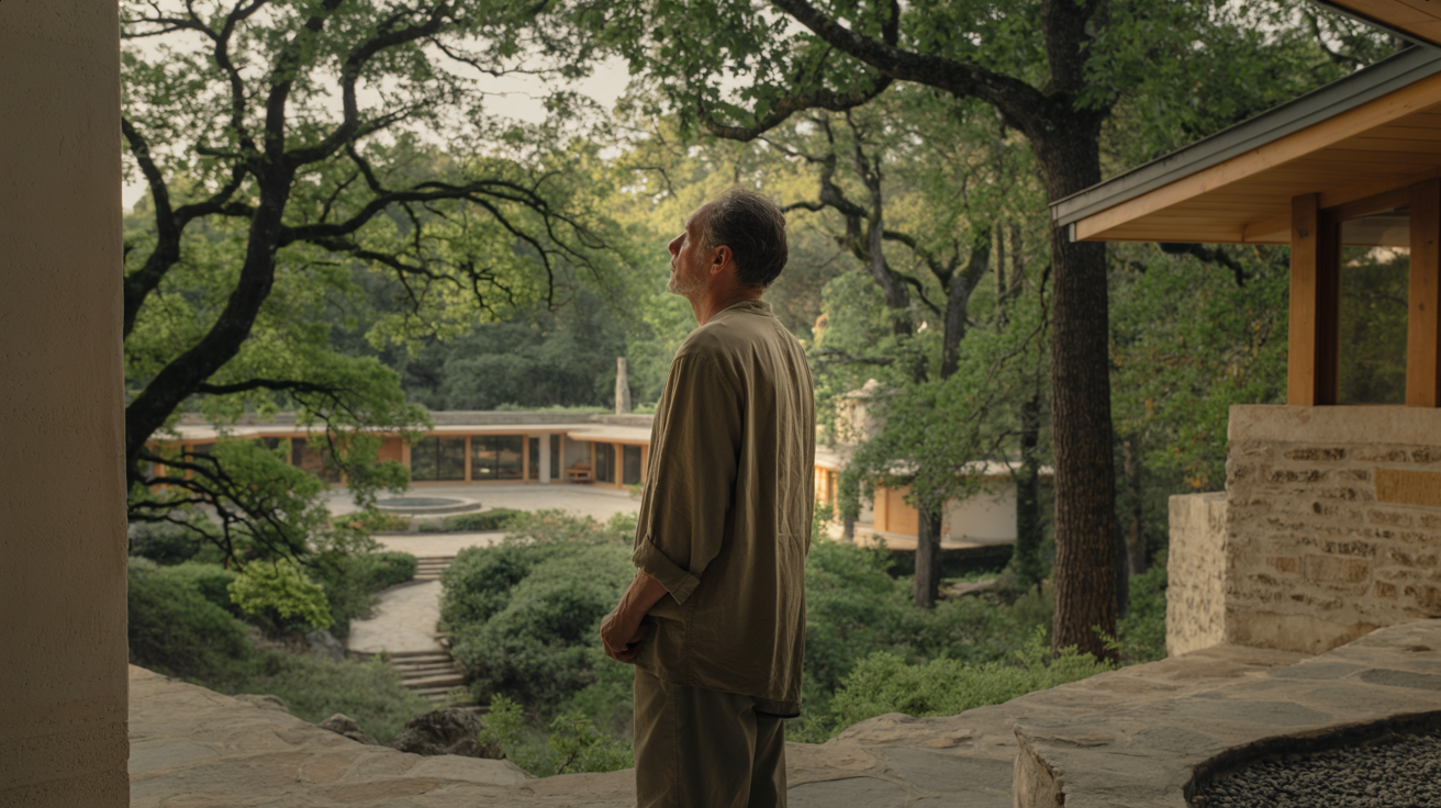 A man stands on a stone porch, looking out at a lush green garden and modern house in the distance.