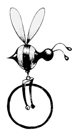 Drawing of a bee with a beehive body riding a unicycle.
