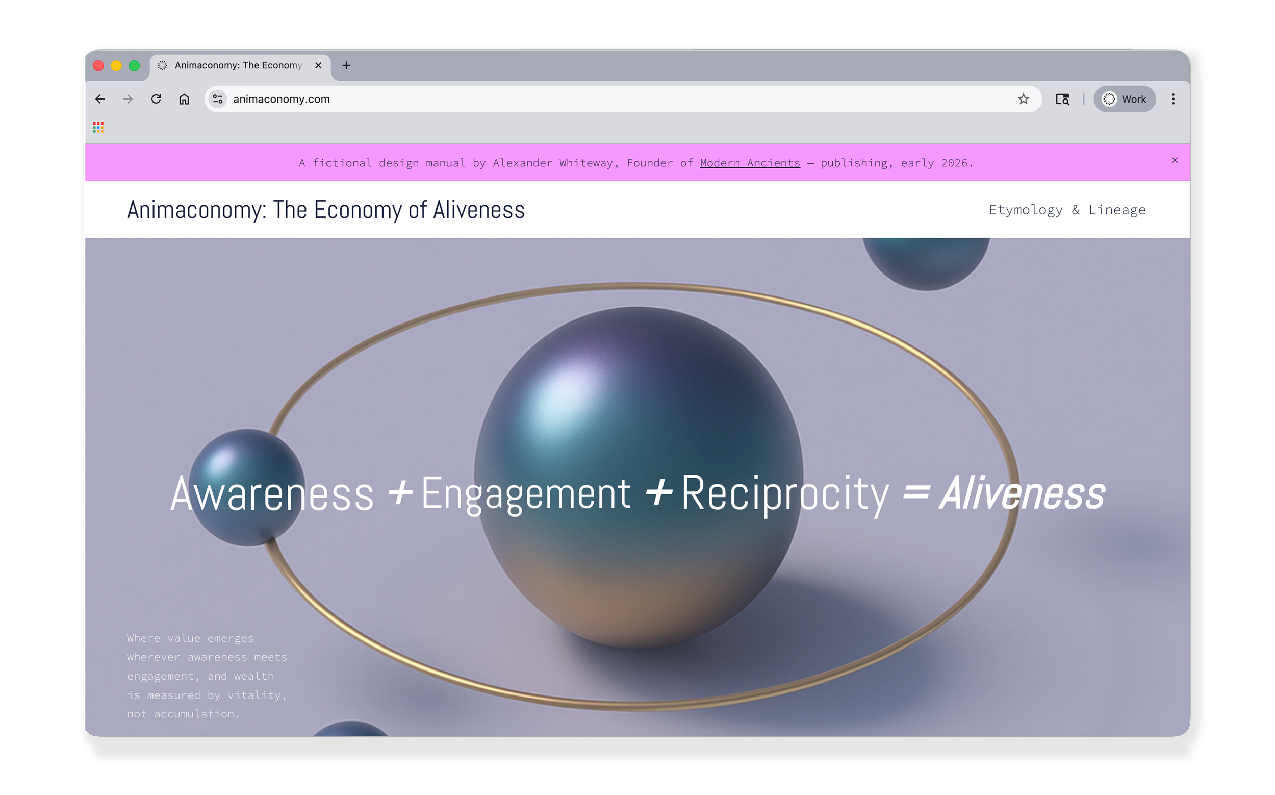 Screenshot of a website titled 'Animaconomy: The Economy of Aliveness,' featuring a background of metallic spheres orbiting each other and the formula 'Awareness + Engagement + Reciprocity = Aliveness' in white text.