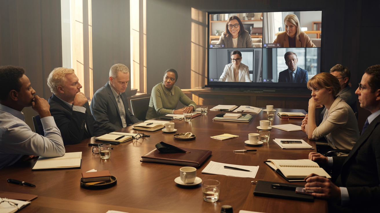 A group of eight professionals in a conference room participating in a virtual meeting, with six on-site and five on a large screen via video conference.