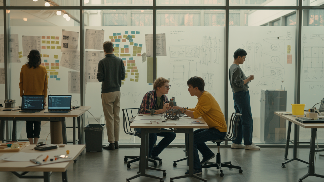 Five young people working on a project in a modern office with glass walls. Two are standing at the whiteboard covered with sketches and sticky notes, one is sitting at a table with electronics, and two others are sitting and talking at a table with wires and devices.