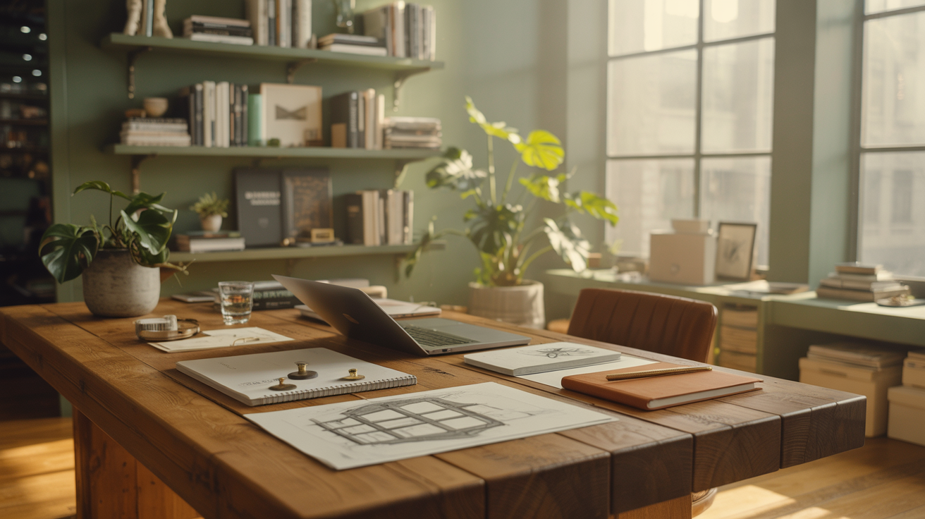 A well-lit home office or studio with a large wooden table, bookshelves filled with books and decorative items, potted plants, and large windows letting in natural light.