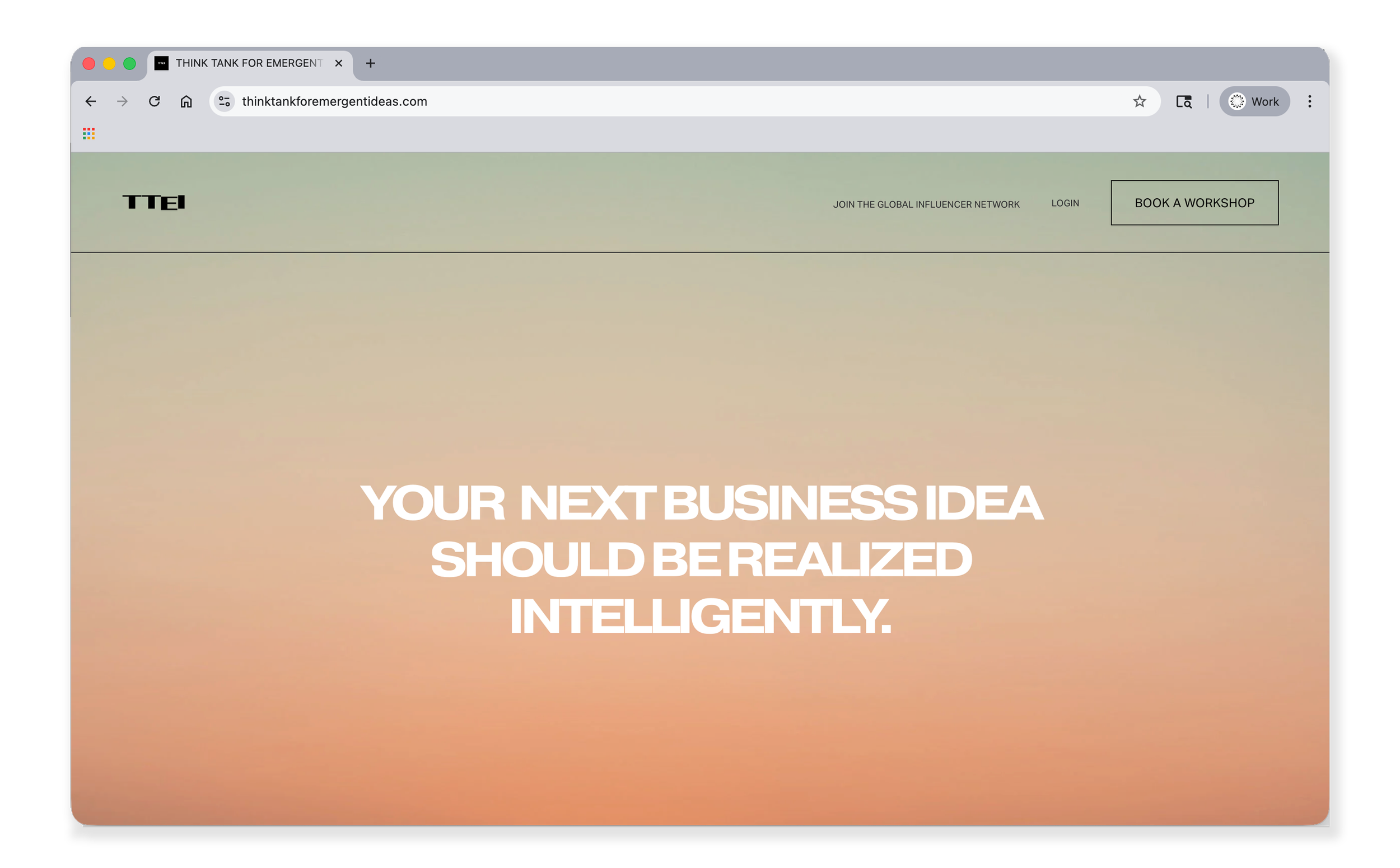 Screenshot of a website homepage with a gradient background and large white text that reads, "Your next business idea should be realized intelligently." There are navigation links at the top right: Join the global influencer network, Login, and a button labeled 'Book a Workshop'.