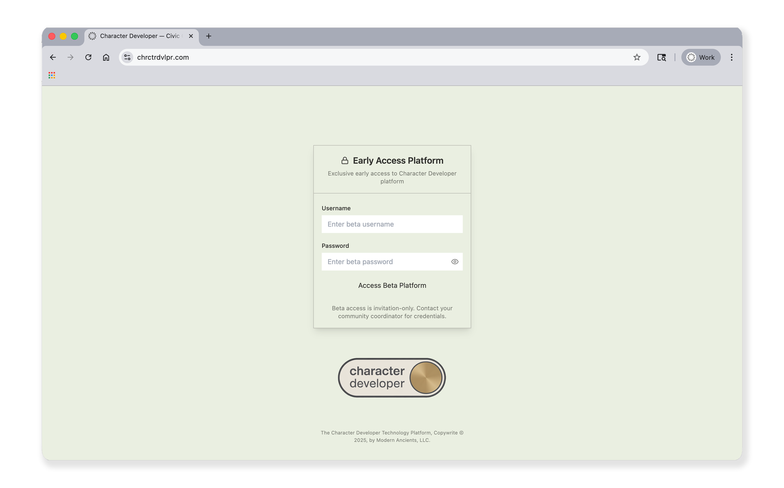 A screenshot of a login page on a website with a light green background, featuring a central login form for an early access platform, and a character developer toggle button below it.