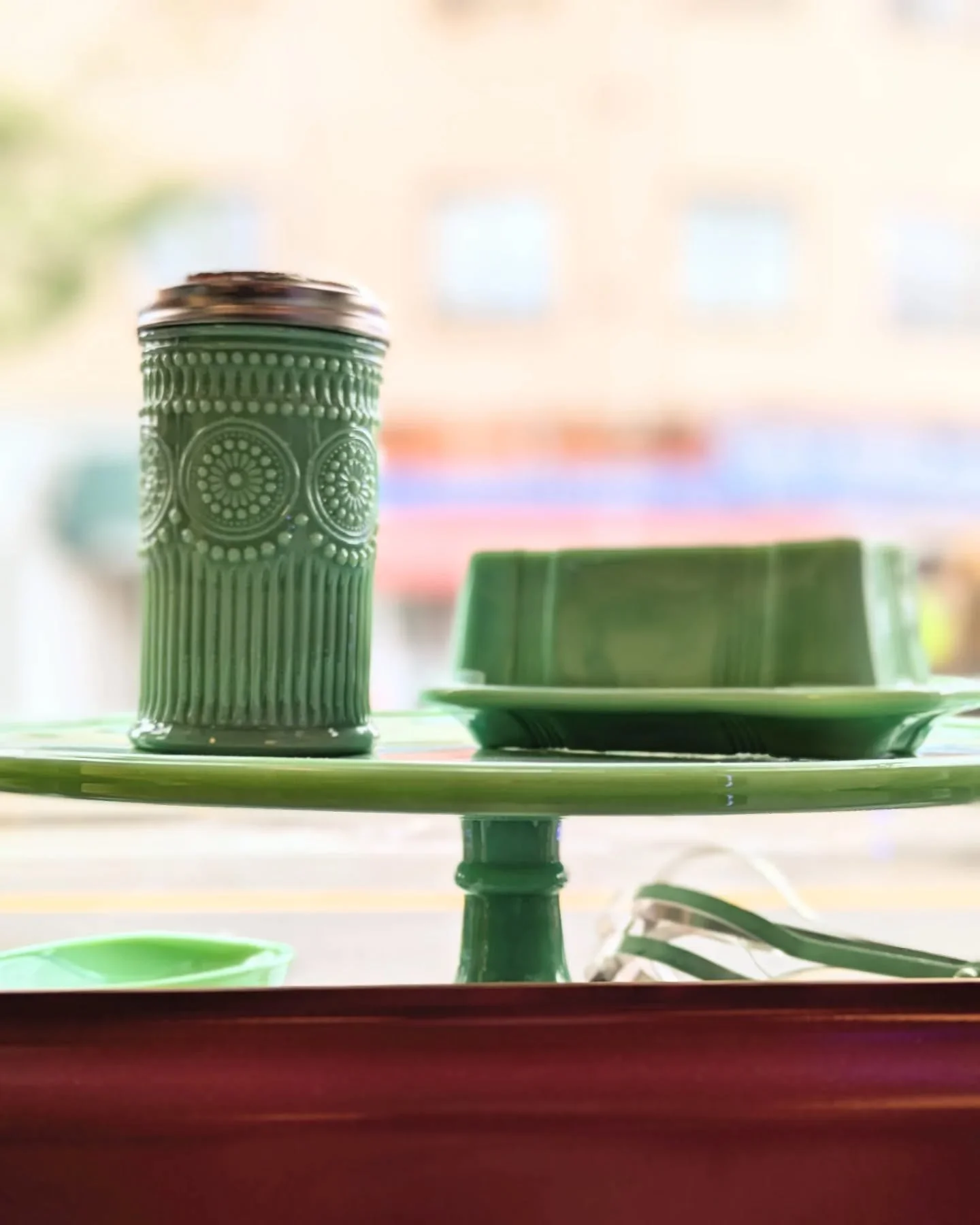 Fun vintage vibes from this green milk glass glowing in our window display, come say hi and check us out. 
XOXO 
KW