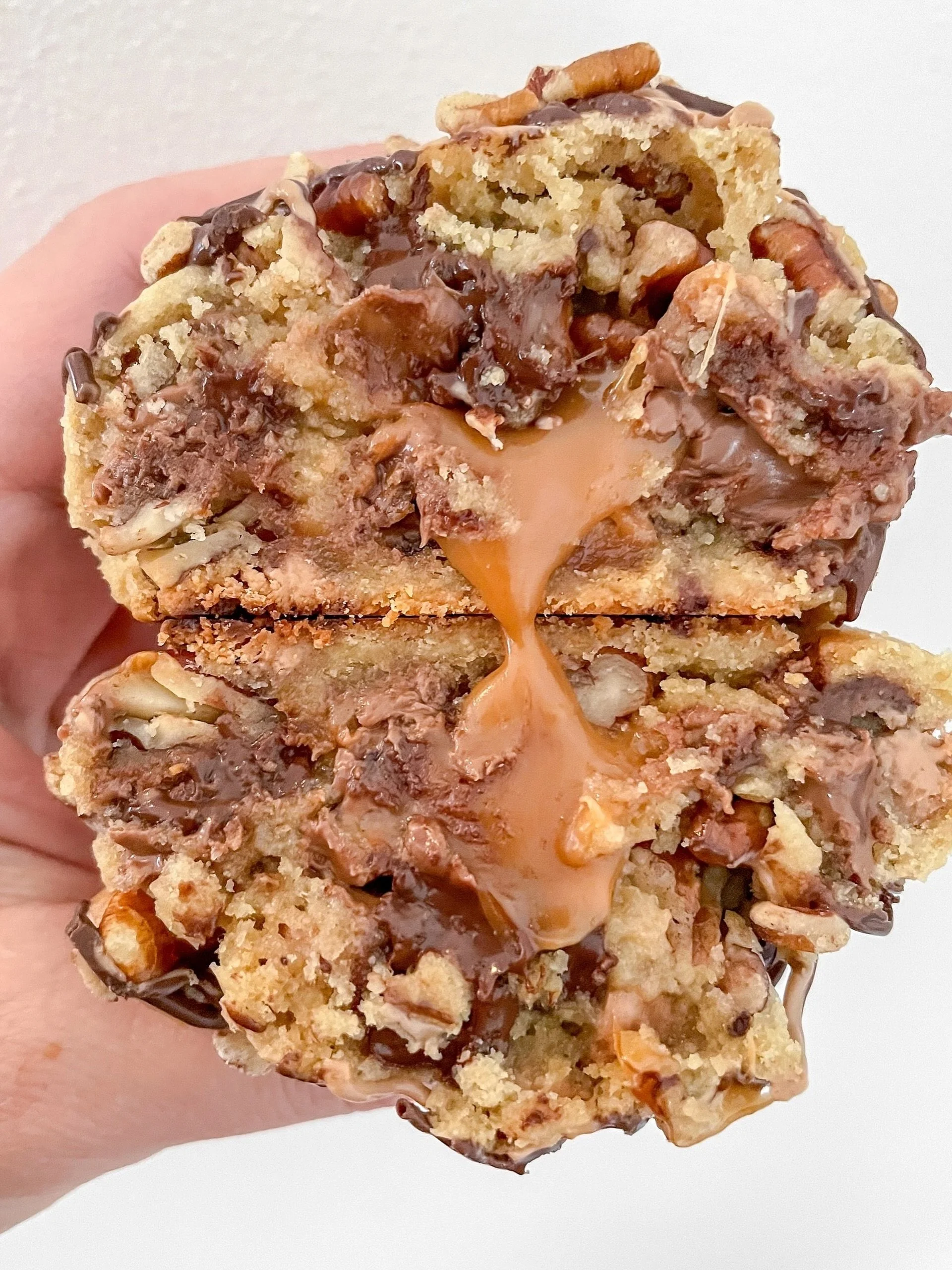 CARAMEL TURTLE!! 🐢🍫🍪 I&rsquo;m over here trying to figure out how it&rsquo;s almost July already, but here we are and a new month of flavors is coming for you! 

This chocolate and caramel chip base is scattered with crunchy pecans, stuffed with g
