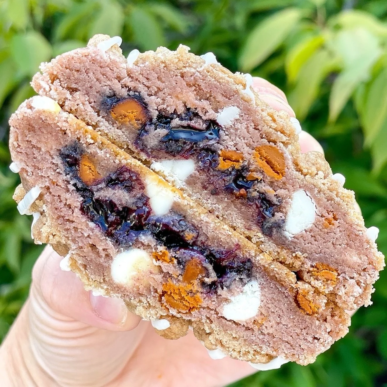 Craving something sweet? 😍 Give our Cinna-Berry cookie a try!

Imagine biting into soft, gooey blueberry white chocolate cookie dough, bursting with a juicy blueberry filling, all topped with cinnamon streusel and a drizzle of sweet glaze. It&rsquo;