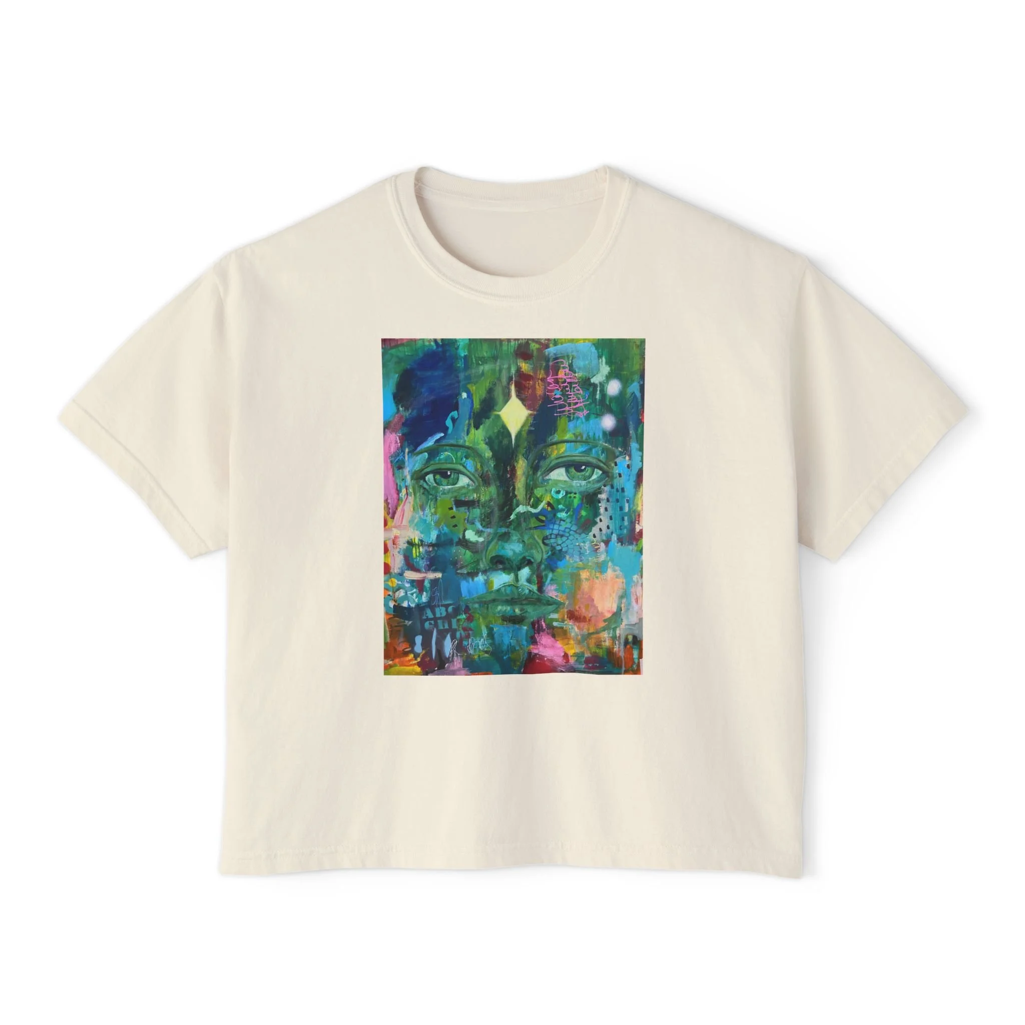 Amina- Abstract  Face Artwork Women's Boxy Tee | Vibrant Portrait Crop T-Shirt