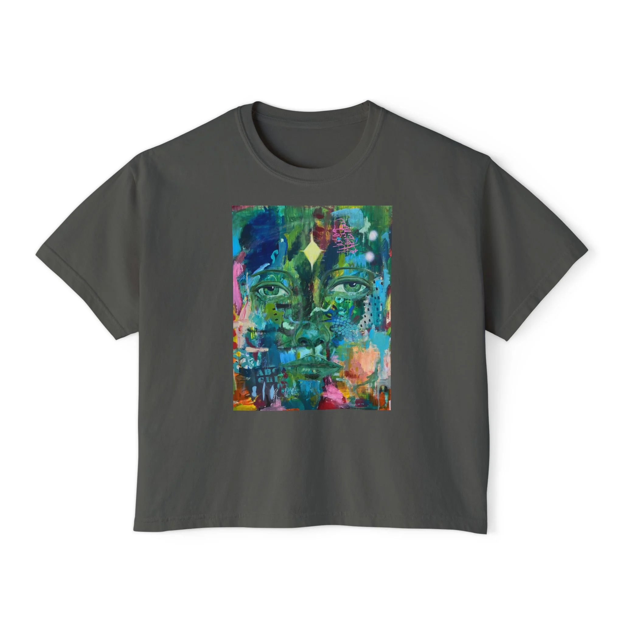 Amina- Abstract  Face Artwork Women's Boxy Tee | Vibrant Portrait Crop T-Shirt