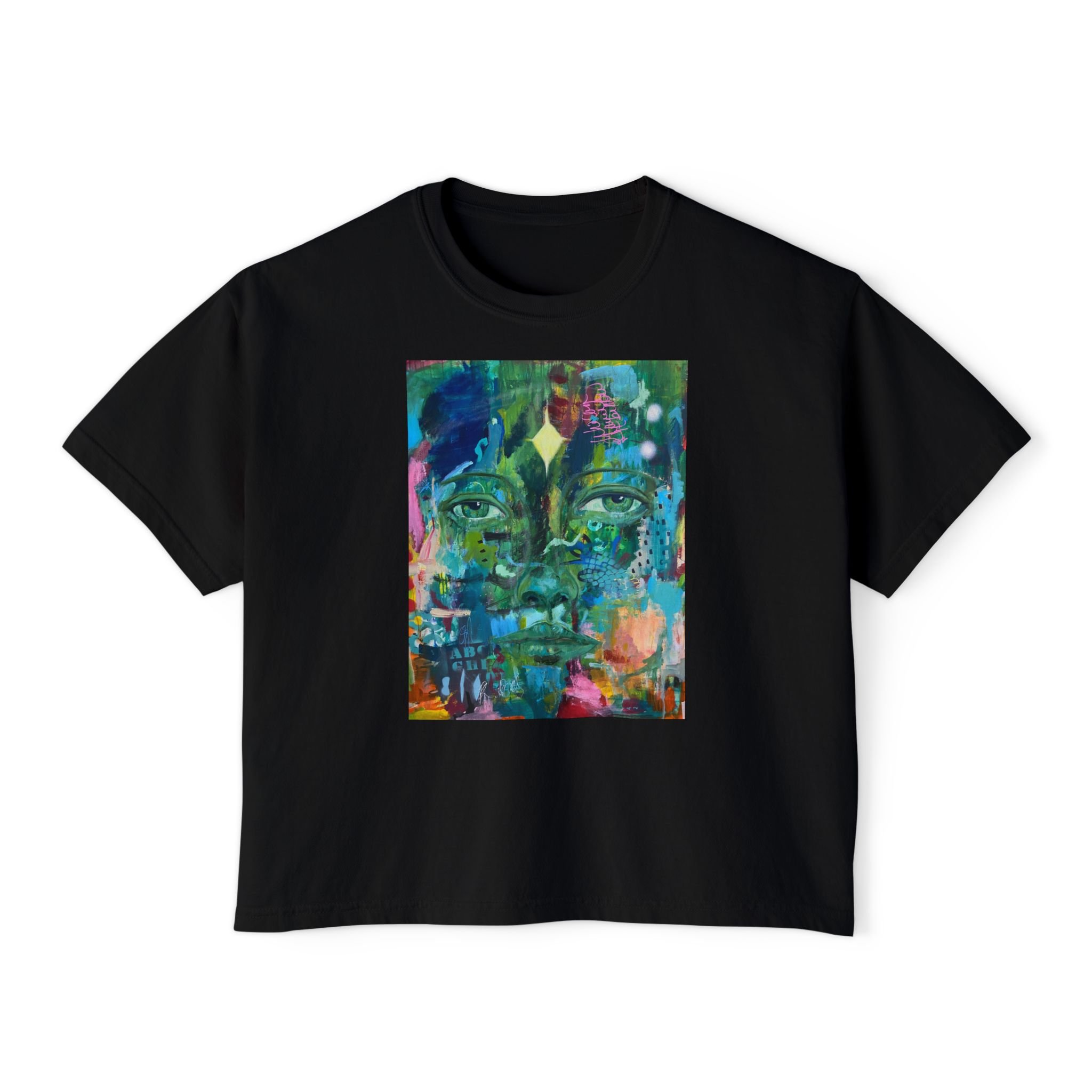 Amina- Abstract  Face Artwork Women's Boxy Tee | Vibrant Portrait Crop T-Shirt