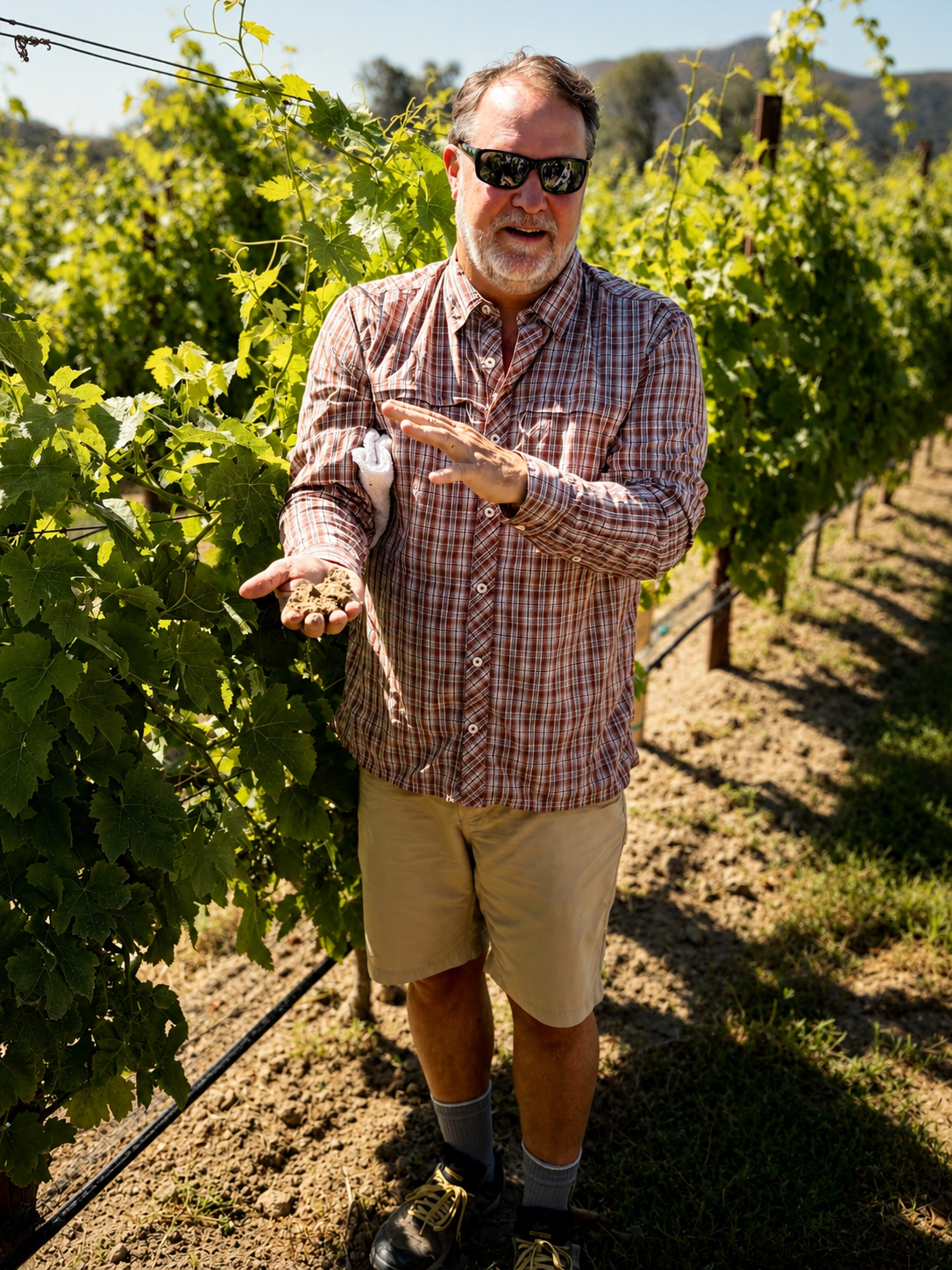 A man in sunglasses, a plaid shirt, khaki shorts, and hiking shoes stands in a vineyard holding soil, with grapevines and hillside in the background.