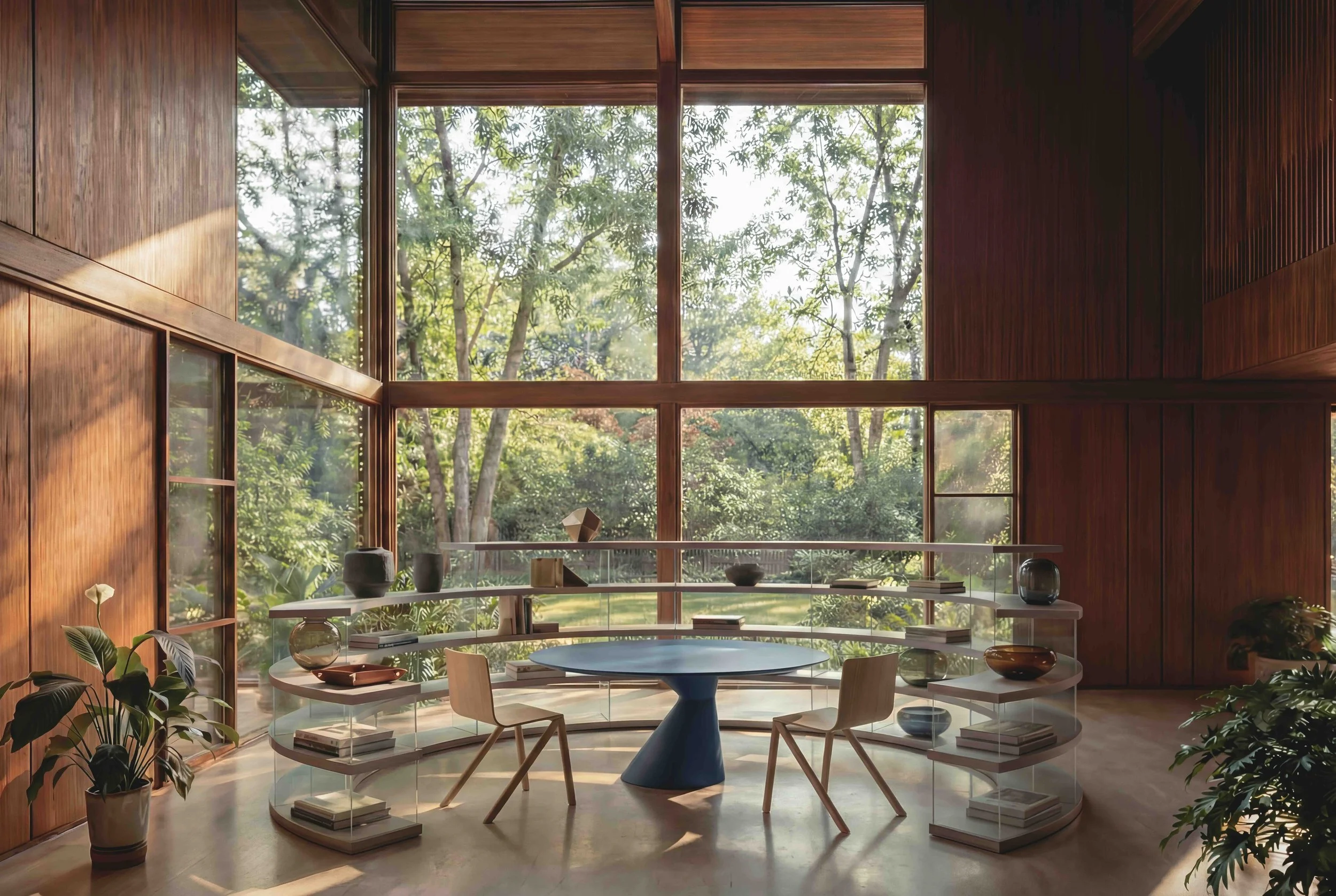 Interior of a modern home with large floor-to-ceiling windows showcasing green trees outside. The room features a round white table with a blue pedestal base, surrounded by light wooden chairs. Shelving displays various decorative objects and books, and there are potted plants placed on the floor and shelves. The interior has warm wooden walls and natural light streaming in.