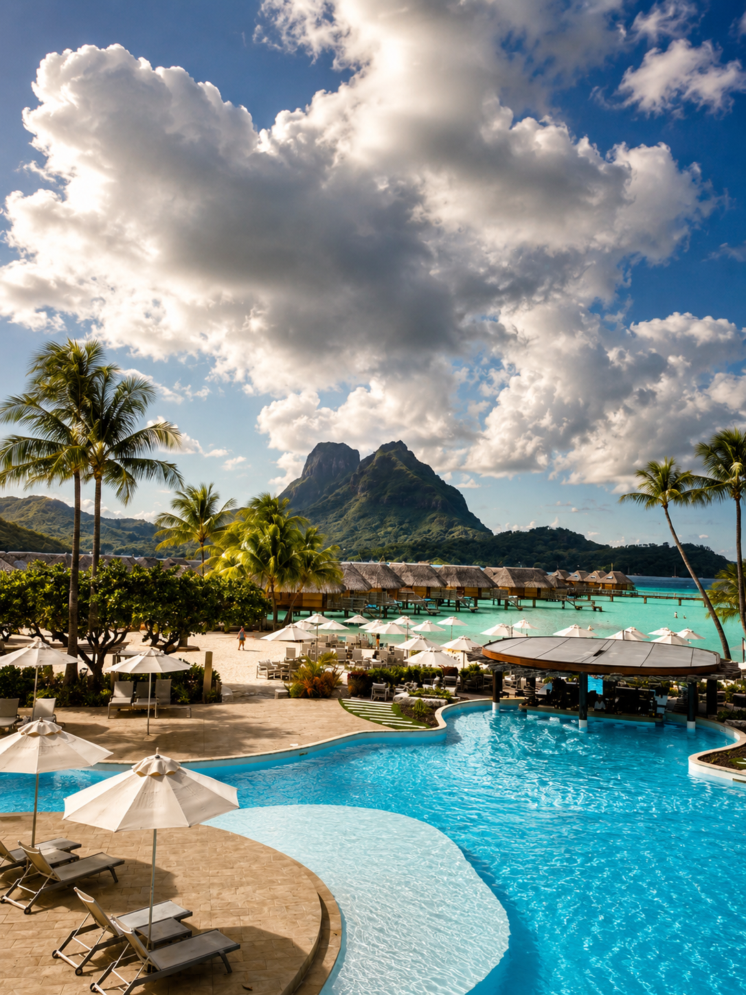 View of the overwater bungalows from the Presidential Villa at Le Bora Bora