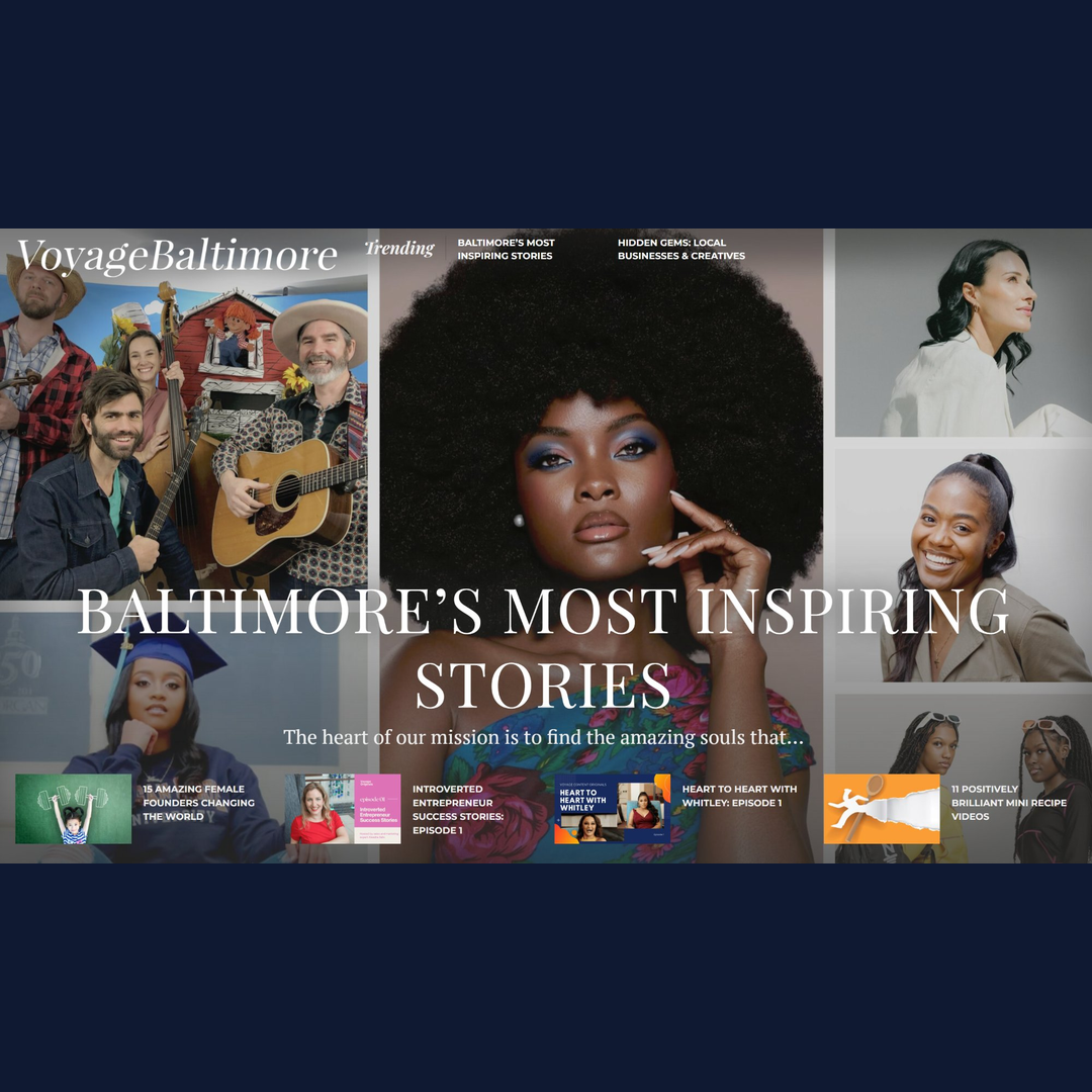 Collage of diverse people and themes representing Baltimore's inspiring stories, including musicians, entrepreneurs, women, and children with the title 'Baltimore's Most Inspiring Stories' and related headlines.