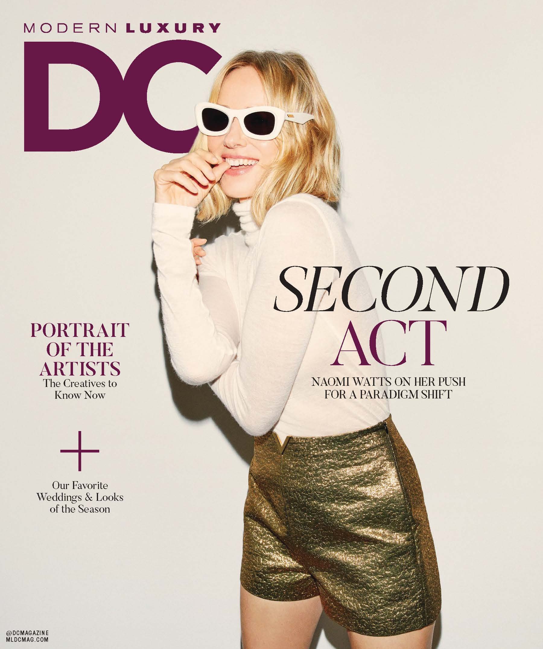 Cover of Modern Luxury D.C. magazine featuring a smiling woman with blonde hair wearing white sunglasses, a white turtleneck, and gold shiny shorts.