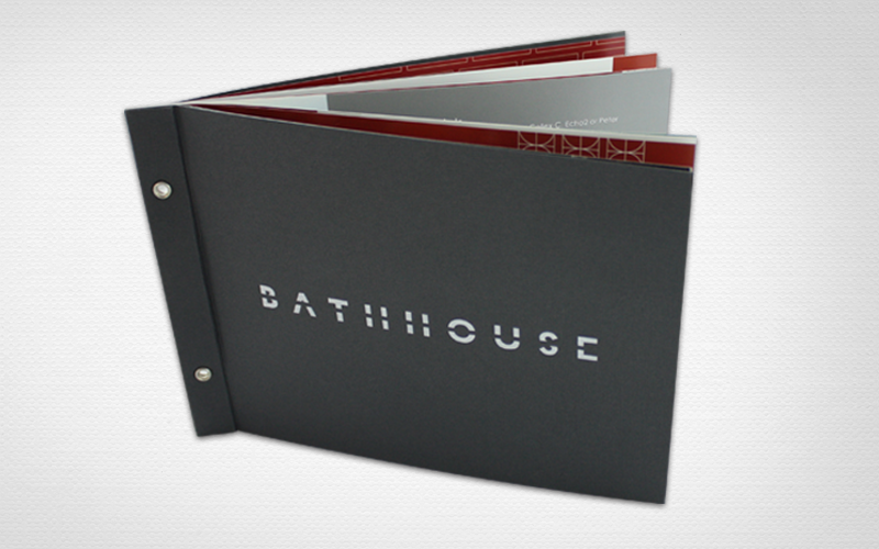 Bathhouse Brochure - grommet binding + white foil + Eames Canvasstock