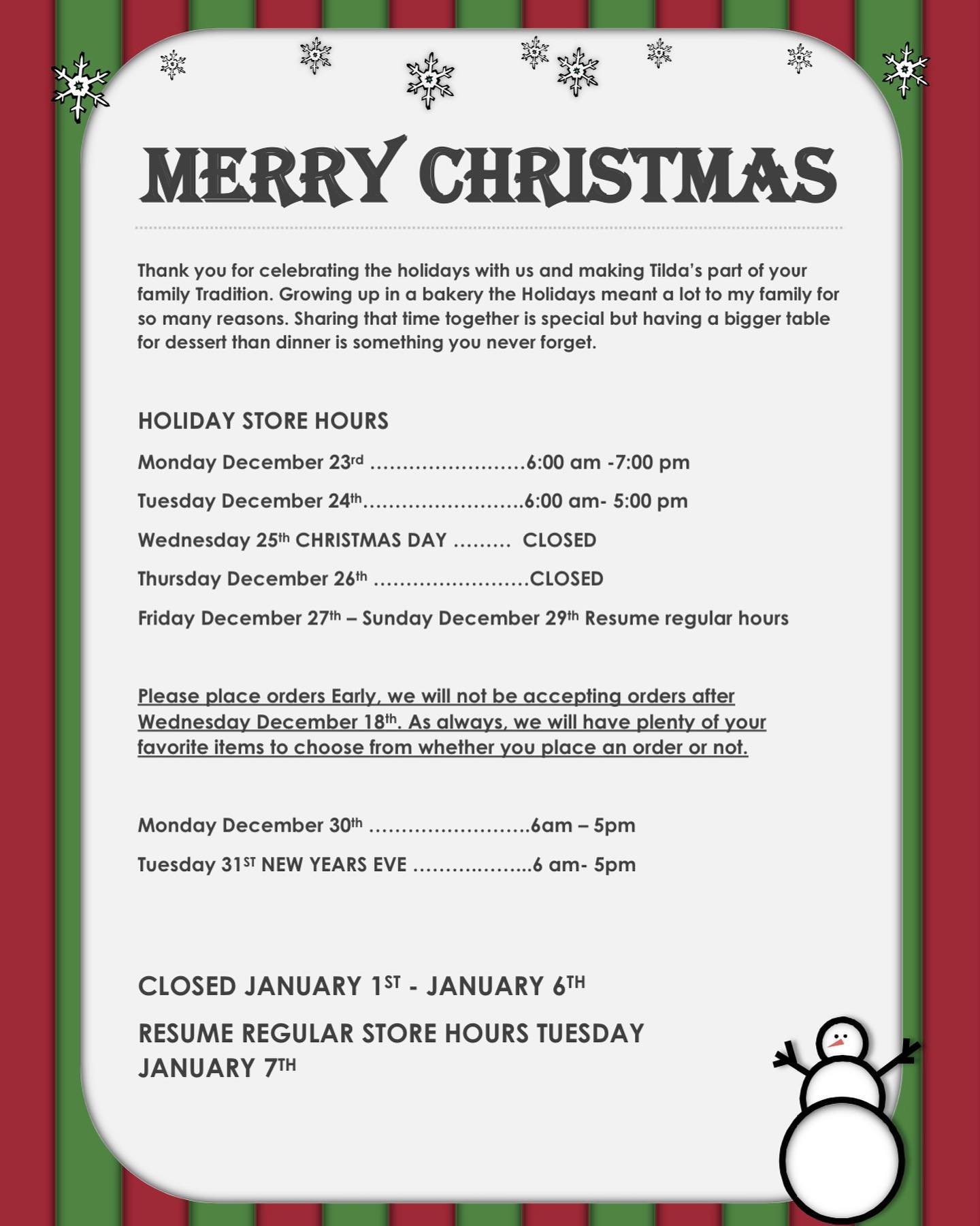 ✨Tilda&rsquo;s Christmas hours!✨Make sure to place your orders early! 🎅🏻🌲