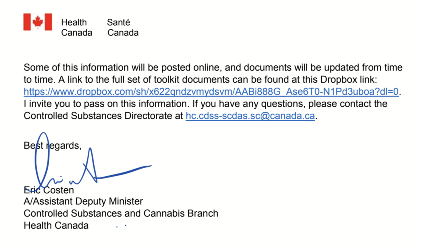 Letter from Associate ADM of the Controlled Substances and Cannabis Branch