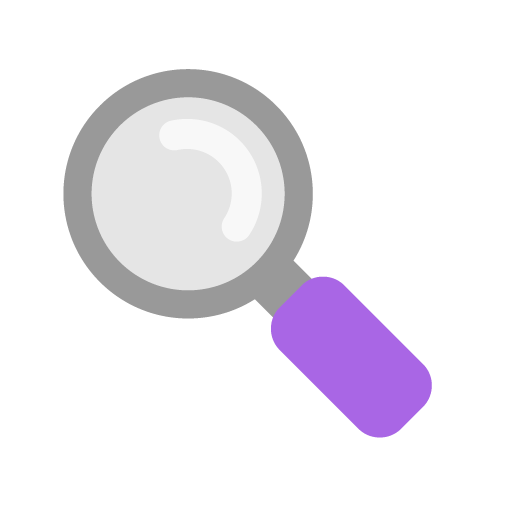 Magnifying glass icon with a purple handle and a light gray lens on a black background.
