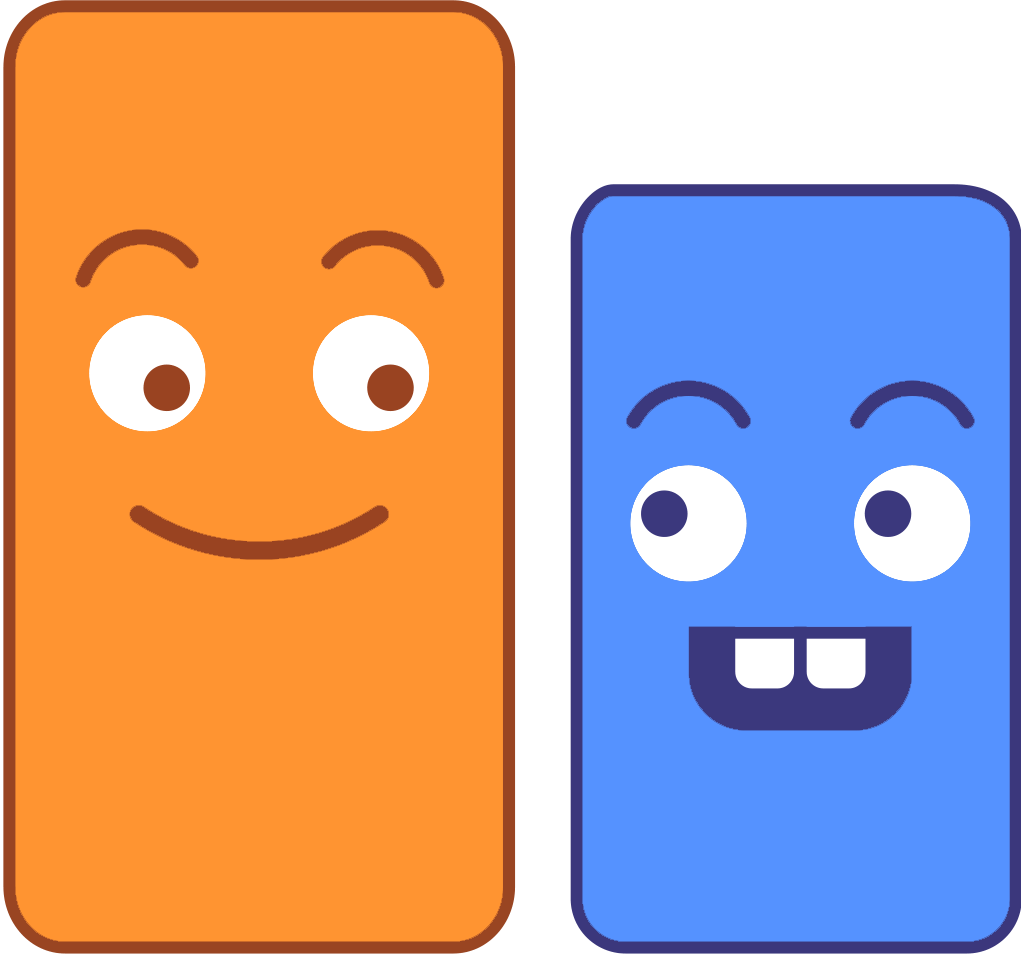 Illustration of two rectangular characters with smiling faces, one orange and one blue.
