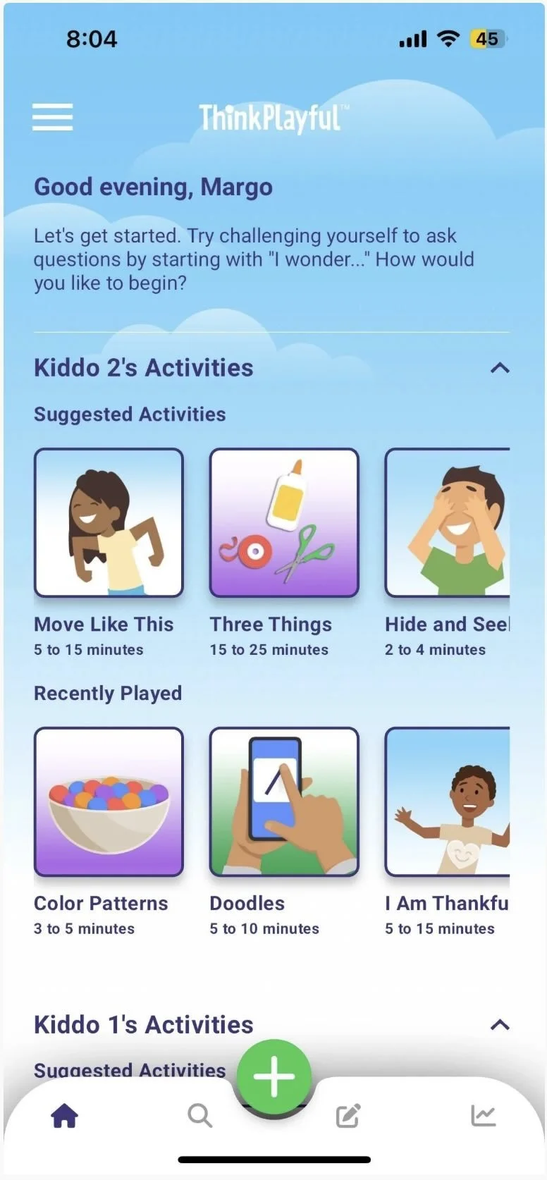ThinkPlayful app home screen with bright pictures, blue sky background, and choices for activities to play.
