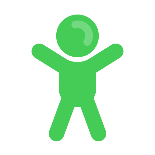 Green stylized human figure icon with arms raised and a circular head, representing a happy or celebratory pose.