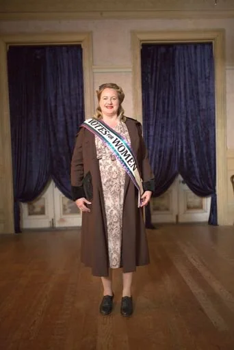 Theresa in costume for Give Kate a Voice, a video celebrating 100 years of women’s suffrage in NZ.