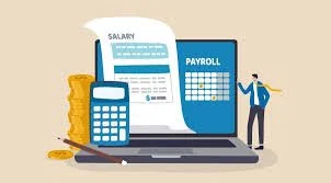 Illustration of a payroll concept with a laptop displaying a payroll screen, a salary document, calculator, stacked coins, and a person pointing at the screen.