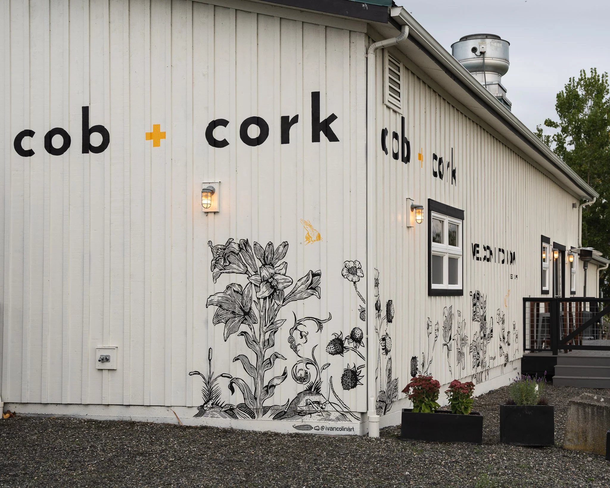 Cob + Cork Mural corner of building (2023)