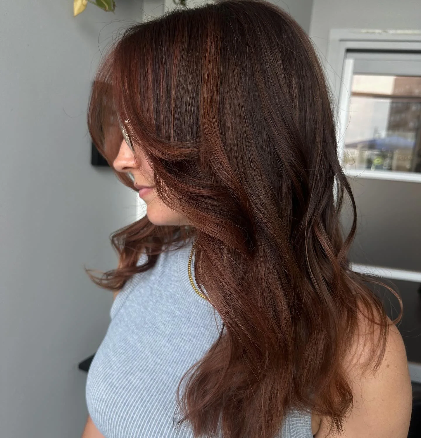 We love rich toned on her! Don’t you guys agree?
The fade out will be gorgeous as it will go to a warm shade of caramel blonde (we don’t lift her too high) and she gets a toner every 4 months or so and she really doesn’t need to ad