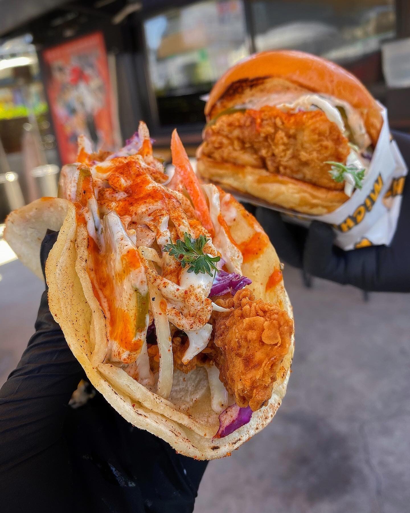 KFC TACO OR SANDO⁉️ Which one are you getting? 🌮🍔 Come by tomorrow and get your favorite! 😉 We&rsquo;re open from 11am-3pm tomorrow. #michindak