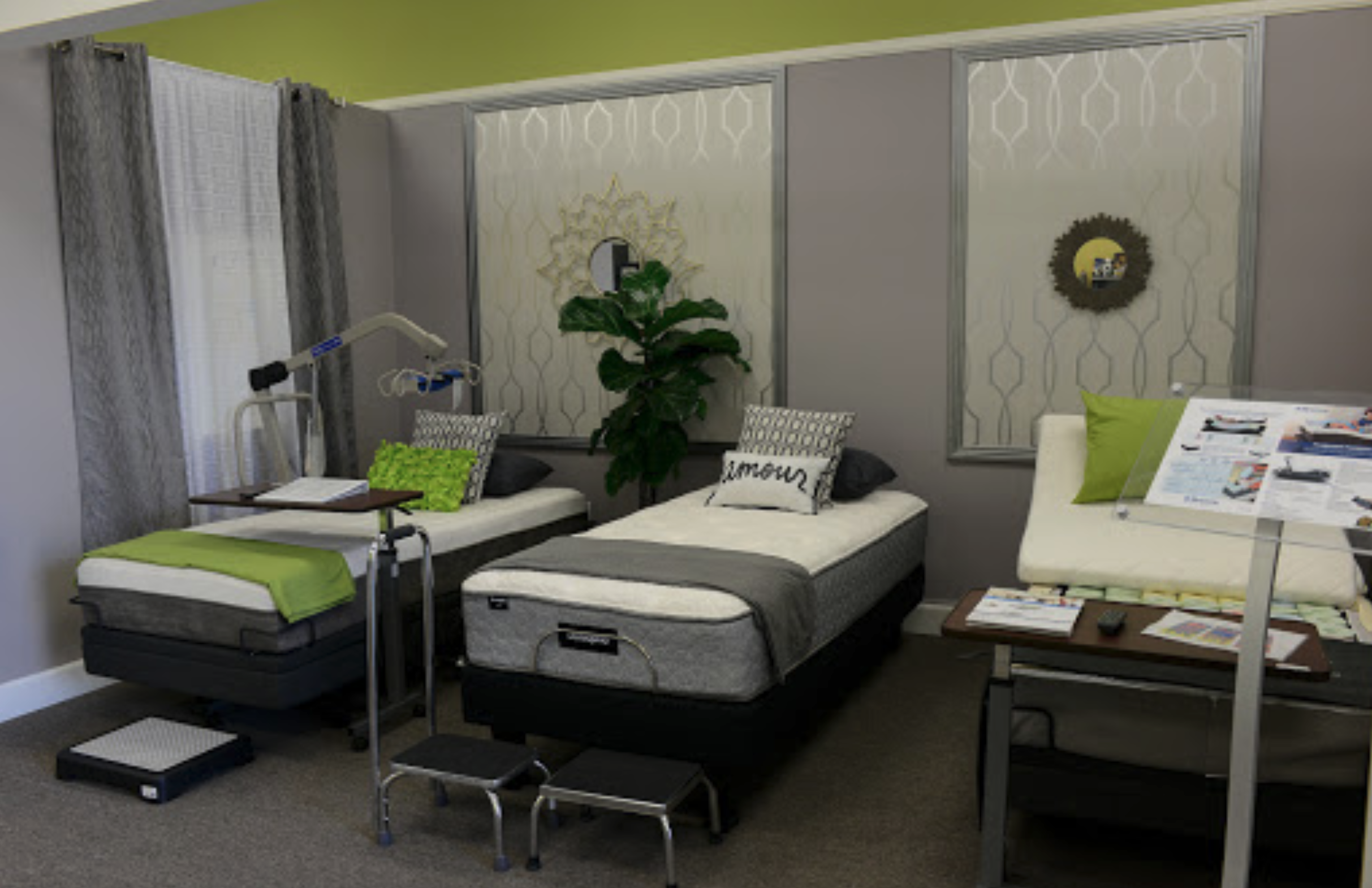 Hospital room with two beds, one with a green blanket, medical equipment, pillows, and a plant between the beds. There are windows with curtains and wall mirrors, a table with pamphlets and a remote, and gray carpeting.