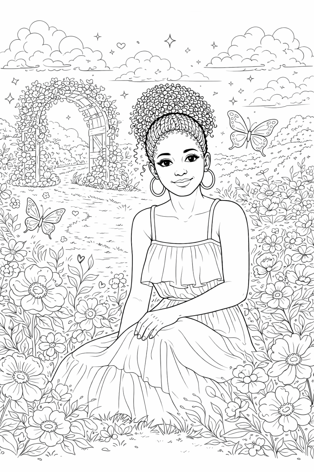 A woman with curly hair and hoop earrings sitting in a flower-filled garden with butterflies, a path, a flower arch, and clouds in the sky.