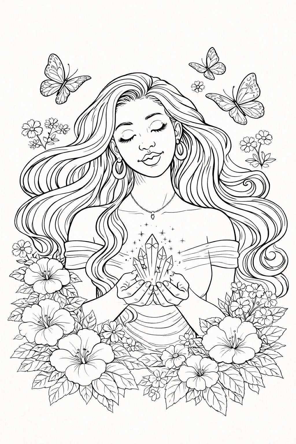 Black and white line drawing of a woman with long wavy hair surrounded by flowers and butterflies, holding a cluster of crystals in her hands, with a serene expression and closed eyes.