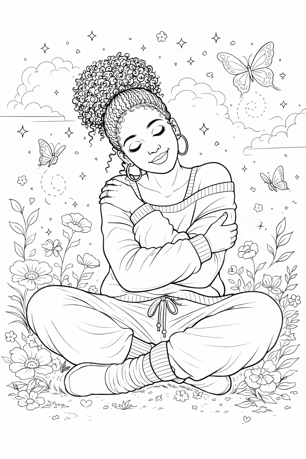 A woman with curly hair in a high ponytail and hoop earrings is sitting cross-legged with her arms crossed over her chest, smiling peacefully. She is surrounded by flowers, butterflies, and clouds in a peaceful outdoor setting.