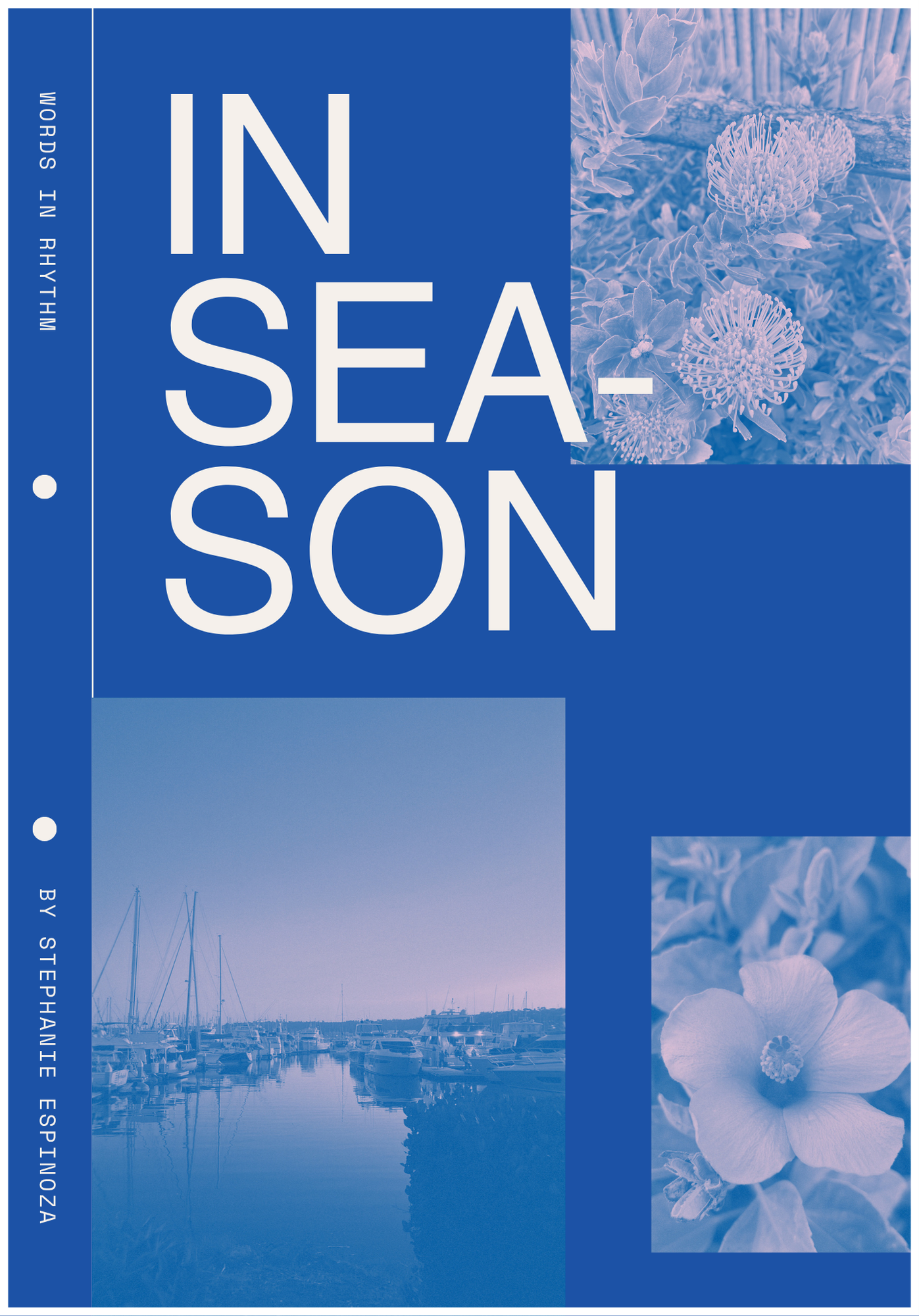 IN SEASON cover page, featuring a blue background, a pciture of docked boat, a hibiscus flower, and pushpin flowers
