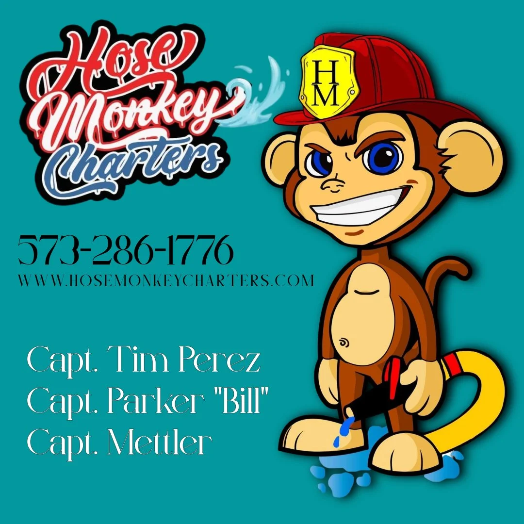 Flyer advertising daily sport yacht and boat charters at Lake of the Ozarks by Hose Monkey Charters. Features include sunset cruises, family reunions, wedding parties, with a 45-foot sport yacht, captain services, and up to 12 guests. Contact details and website provided.