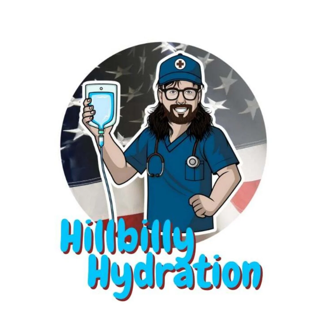 Cartoon healthcare worker with long hair, beard, glasses, wearing a blue medical uniform with a stethoscope, holding an IV bag, with an American flag background and the text 'Hillybilly Hydration'.