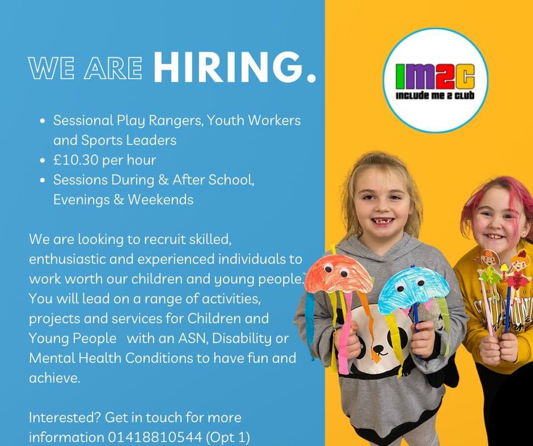 Were recruiting! Come join the team! 
Were currently recruiting for a number of positions, that include:

💚 Children&rsquo;s Play Workers/Play Rangers (Sessional for evening &amp; weekends) 

❤️ Adult Service Facilitator (Buddy Up) to match with our