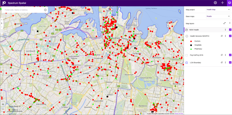 Digital map of Sydney showing locations of health services, including doctors, hospitals, and pharmacies, marked with red, black, and green dots respectively.