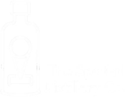 Outline of a bottle with a location pin inside and the text 'The Spatial Distillery Co.'