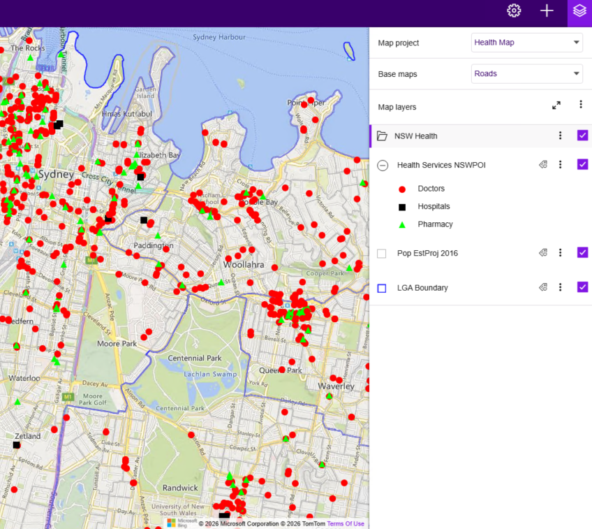 Map of Sydney, Australia, displaying health facilities including doctors (red dots), hospitals (black squares), and pharmacies (green triangles), with a legend on the right and water bodies at the top.