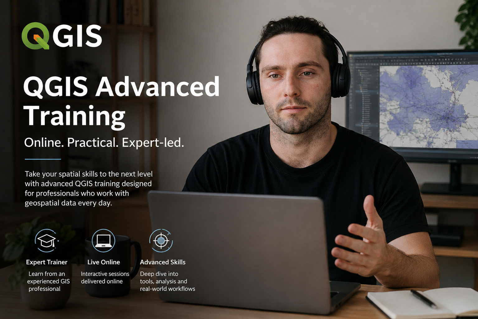 A man wearing headphones and sitting at a desk with a laptop, participating in an online GIS training session, with a large monitor displaying a map in the background.