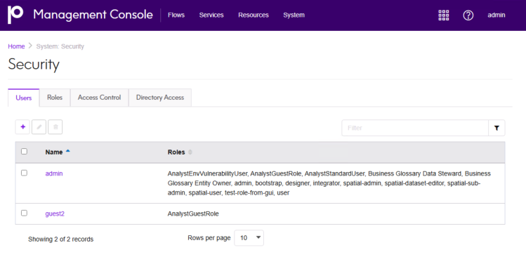 Screenshot of a security management console interface showing a list of users and roles, with navigation tabs for 'Users,' 'Roles,' 'Access Control,' and 'Directory Access.'
