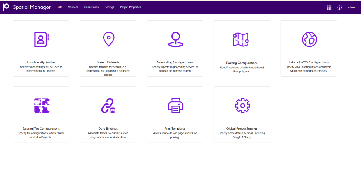 Screenshot of a software dashboard named 'Spatial Manager' with purple header and grid layout of eight icons representing various settings and configuration options.